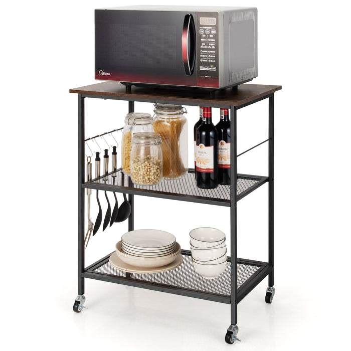 Lockable Trolley Model 101 - Flexible Wheels, 2 Mesh Shelves, 5 Hanging Hooks in Coffee Finish - Perfect Storage Solution for Organizational Needs