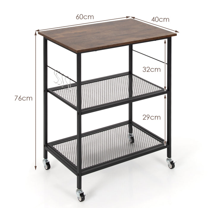 Lockable Trolley Model 101 - Flexible Wheels, 2 Mesh Shelves, 5 Hanging Hooks in Coffee Finish - Perfect Storage Solution for Organizational Needs