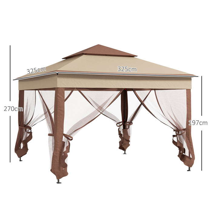 Pop Up Gazebo 3x3m with Double Roof - Outdoor Patio Garden Tent with Netting, Carry Bag Included - Ideal Party Event Shelter, Khaki Color