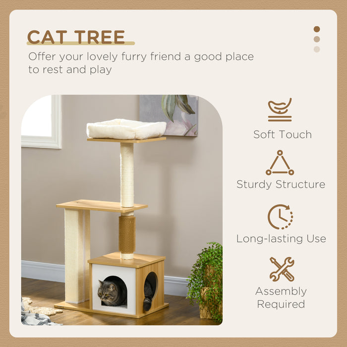 Cat Scratching Tree with Cozy House and Bed - Multi-Level Cat Perch with Posts, 59.5 x 39.5 x 114 cm in Oak Finish - Ideal for Play, Scratch, and Rest for Felines