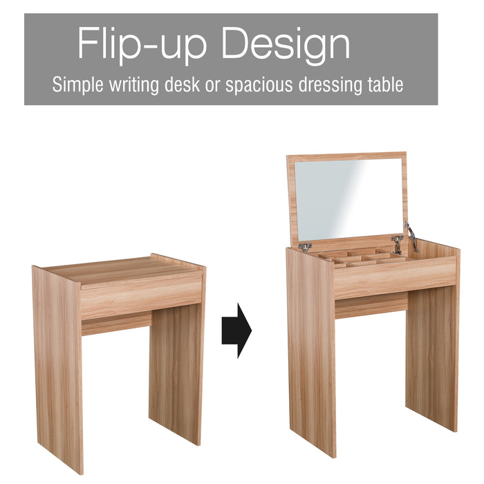 Wood Grain Dressing Table Set with Padded Stool - Flip-up Mirror Dresser for Stylish Bedroom Organization - Ideal for Makeup and Jewelry Storage