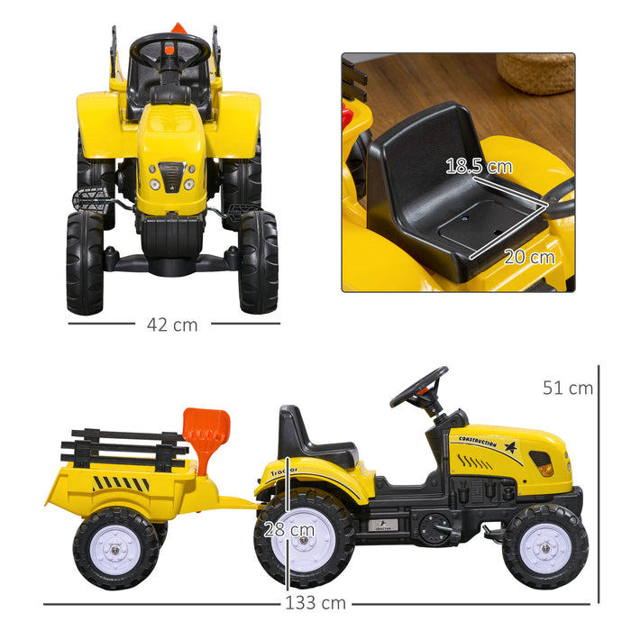 Pedal-Powered Go Kart Tractor with Attachable Shovel and Rake - Four-Wheeled Outdoor Ride-On Toy for Kids - Fun Yard Work and Play Vehicle for Children