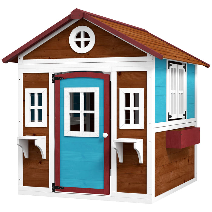 Wooden Playhouse for Kids - Interactive Features with Doors, Windows, & Plant Pots - Ideal for Children Aged 3-8 Years, Dark Brown