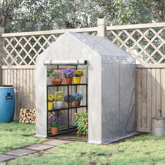 Portable Walk-In Greenhouse - with 2-Tier Shelving, Roll-Up Zippered Door & Durable PE Cover, 143x143x195 cm - Ideal for Garden Plant Growing and Protection
