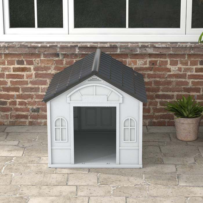 Durable Grey Plastic Canine Shelter - Weatherproof Outdoor Dog House With Sturdy Design - Perfect for All-Weather Protection for Pets