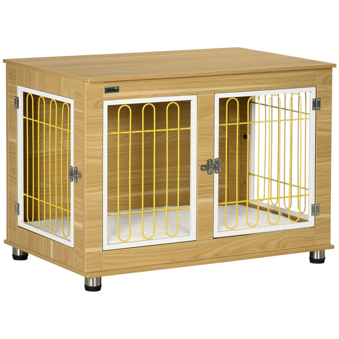 Oak-Tone Double Door Dog Crate End Table with Soft Cushion - Stylish Pet Cage Furniture - Ideal for Home Comfort and Pet Confinement Security