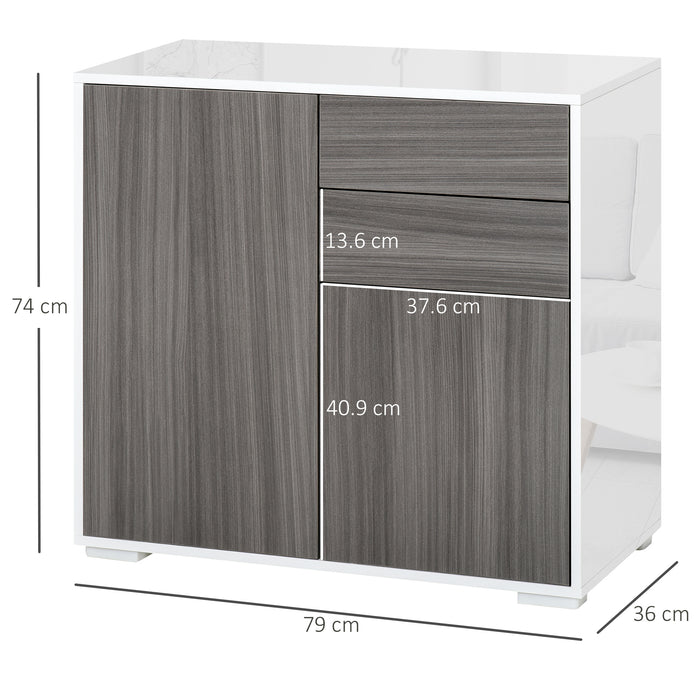 Contemporary Freestanding Push-Open Storage Unit - 2-Drawer & 2-Door Cabinet with Dual-Part Interior, Light Grey and White - Ideal for Organized Home or Office Spaces