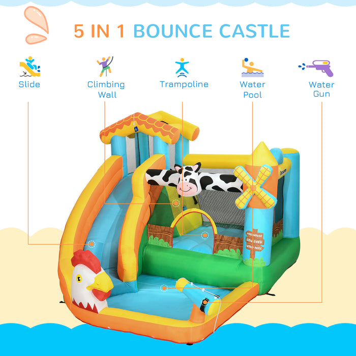 Kids Bounce Castle Farmhouse - 5-in-1 Inflatable Playhouse with Slide, Trampoline, Pool, Water Cannon & Climbing Wall - Complete Set with Inflator & Carry Bag for Ages 3-8