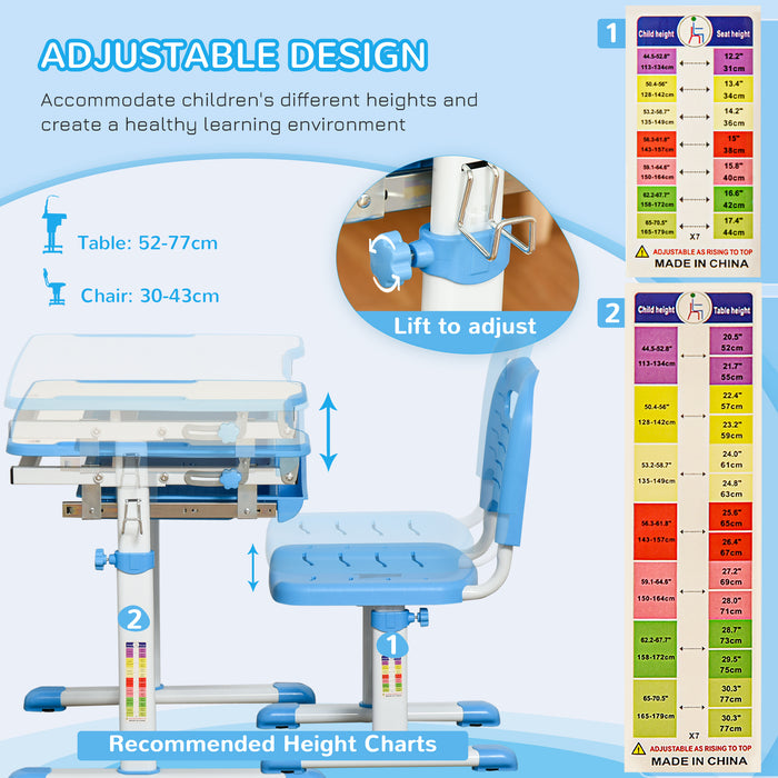 Adjustable Kids Desk and Chair Combo - Ergonomic Student Writing and Study Workstation with Tilt Desktop, Storage Drawer, Pen Holder, Hook - Perfect for Home Schooling and Homework Sessions