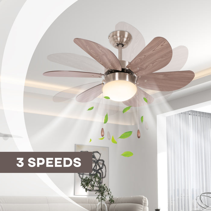 Flush Mount LED Ceiling Fan - 6 Reversible Blades & Walnut Brown Design with Pull-Chain Control - Ideal for Indoor Cooling & Lighting