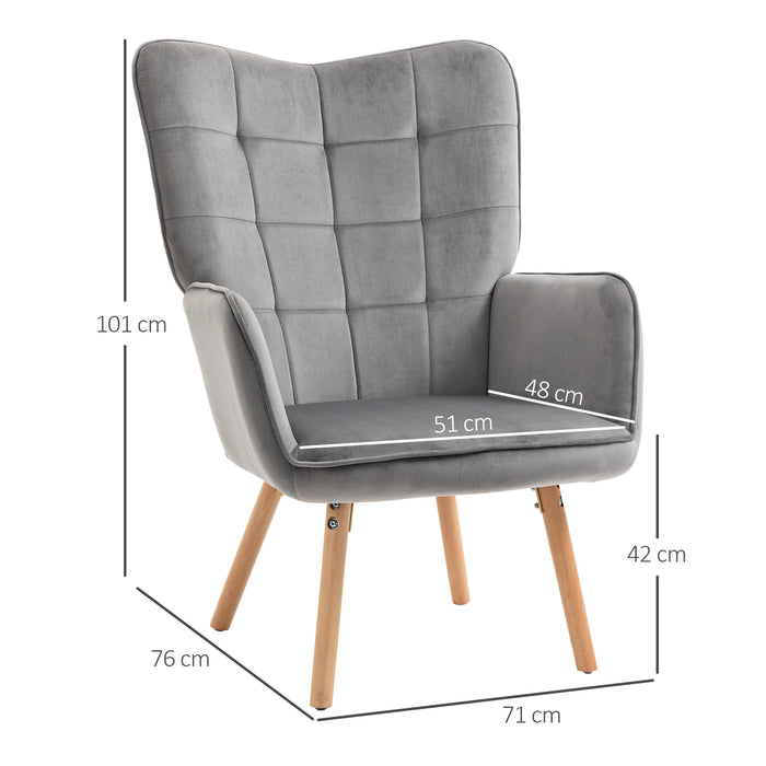 Velvet-Touch Tufted Wingback Armchair - Upholstered, Modern Leisure Lounge Club Sofa with Wooden Legs in Grey - Elegant Furniture for Stylish Comfort & Relaxation