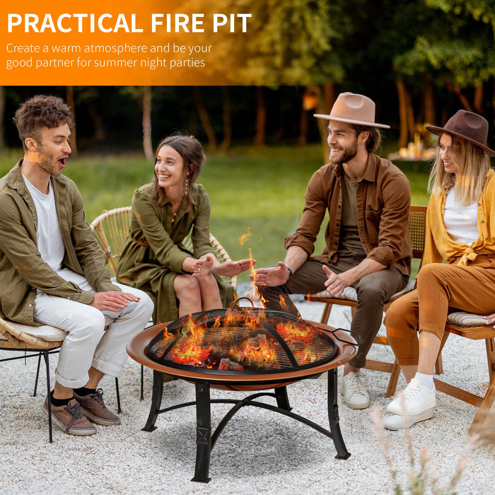 Extra-Large Bronze Metal Firepit Bowl with Lid - Outdoor Round Fire Pit, Includes Log Grate and Poker - Ideal for Backyard Camping and Picnics