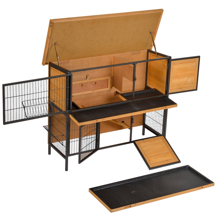Wooden Rabbit Hutch with Metal Frame - 2-Floor Bunny Cage, Slide-Out Tray, Feeding Trough, Ramp, Lockable Door, Openable Roof - Ideal for Small Pet Housing and Care