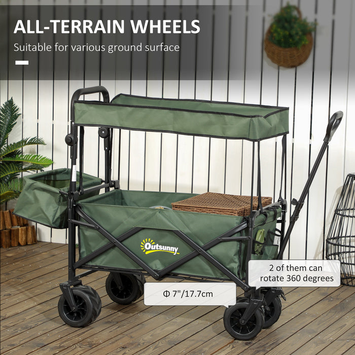 Beach Trailer Folding Trolley - 4-Wheel Storage Wagon with Canopy and Pull Handle - Ideal for Camping and Outings in Green