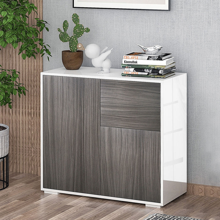Contemporary Freestanding Push-Open Storage Unit - 2-Drawer & 2-Door Cabinet with Dual-Part Interior, Light Grey and White - Ideal for Organized Home or Office Spaces