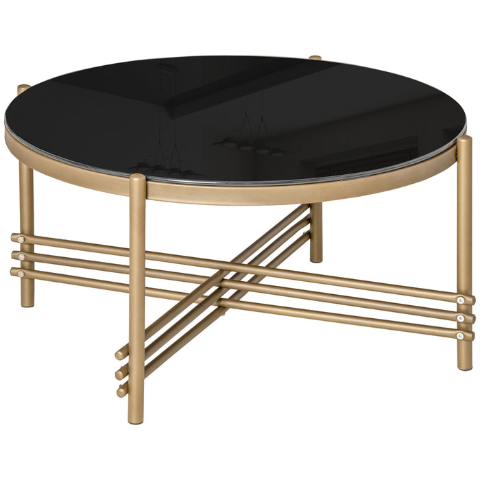 Gold-Finish Metal and Tempered Glass Round Coffee Table - Elegant Accent Cocktail Furniture for Living Room Decor - Stylish Centerpiece for Home Entertaining