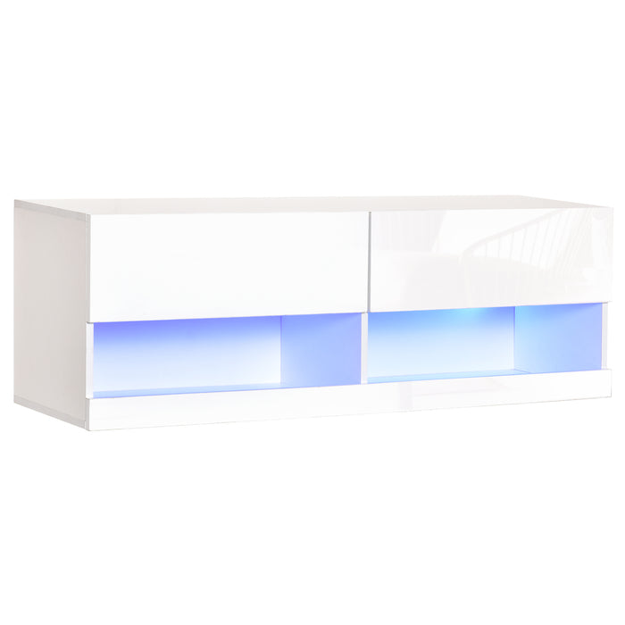 Wall Mount Entertainment Center with LED Lights - High Gloss Media Console with Remote, Storage Compartments - Stylish TV Stand for Modern Home Decor