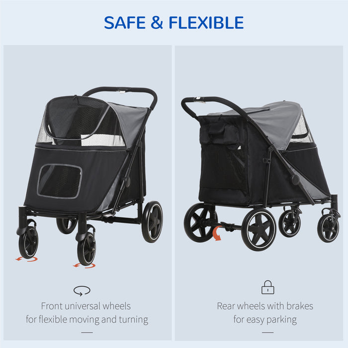 4-Wheel Canine Stroller with Protective Rain Cover - Spacious Mobile Pet Carrier for Medium to Large Dogs - Outdoor Travel Ease for Animal Lovers