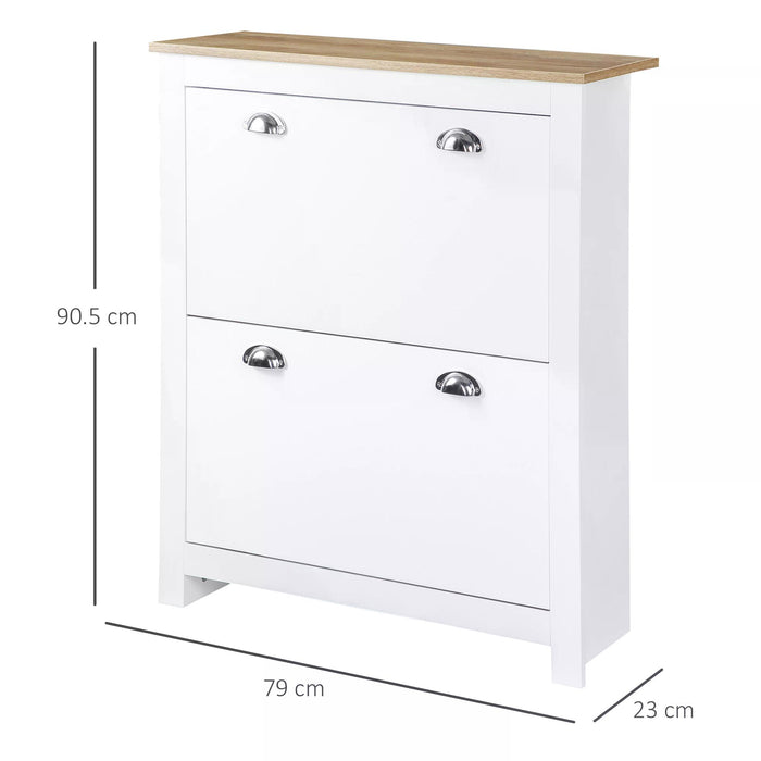 Modern White 2-Drawer Shoe Cabinet - Narrow Hallway Organizer with Flip Doors & Adjustable Shelves - Stores Up to 12 Pairs of Footwear