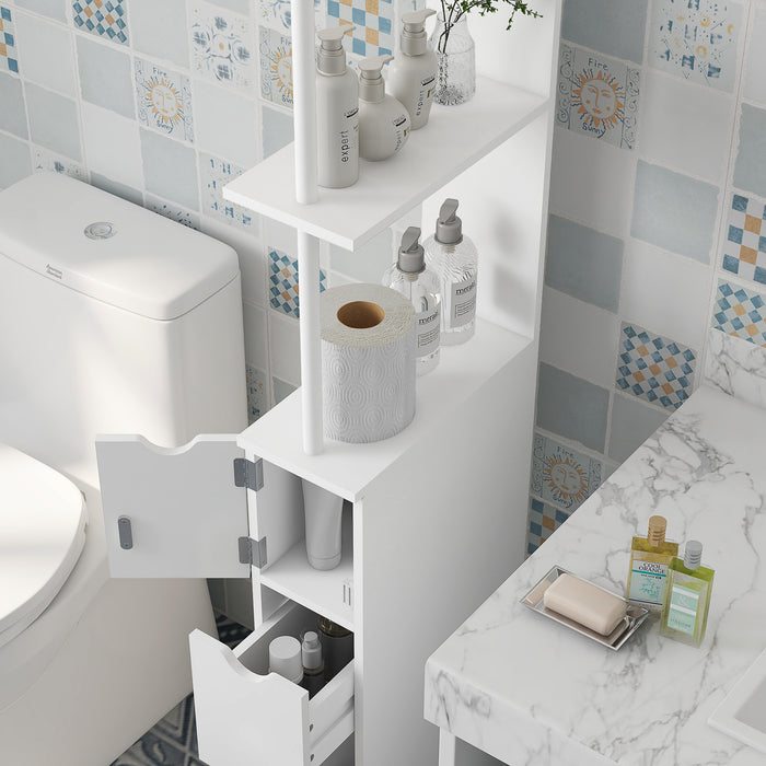 Slimline Bathroom Organizer with Drawers - Tall Cupboard with Double-Shelf Storage, Sleek White Finish - Space-Saving Solution for Small Bathrooms & Tight Spaces