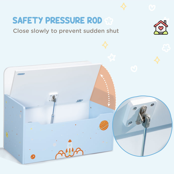 Wooden Toy Chest with Safety Hinge - 2-in-1 Kids Storage Bench and Toy Box Organizer, Rocket Design in Blue - Ideal for Children’s Room Organization