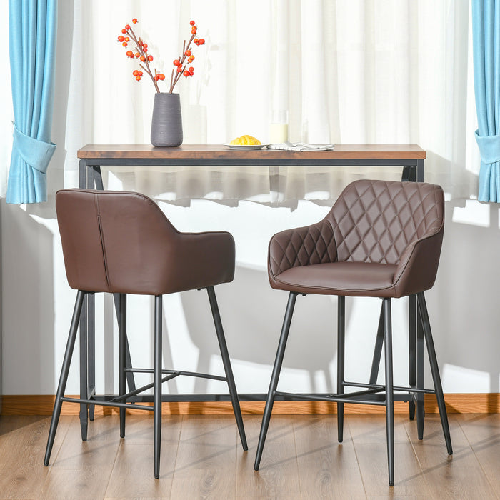 Retro PU Leather Bar Stools, Set of 2 - Comfortable Backrest and Metal Frame with Footrest - Stylish Seating for Home Dining and Kitchen Areas