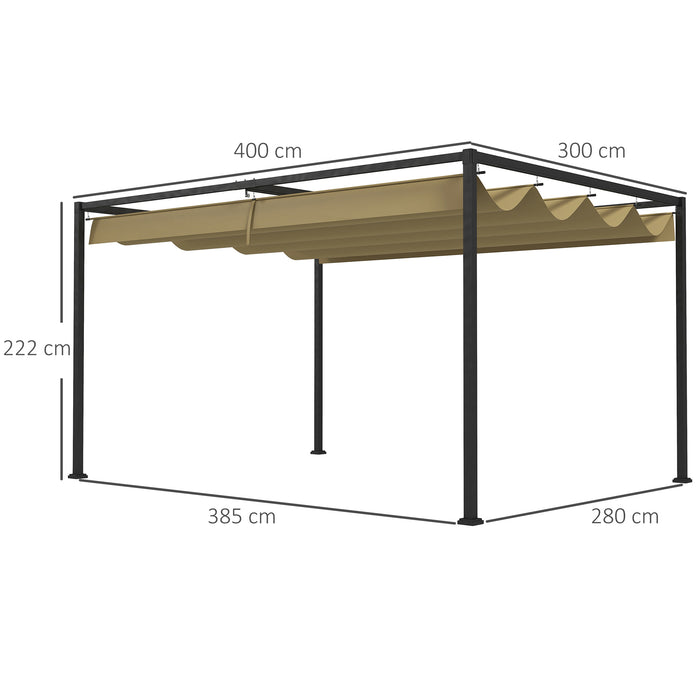 Metal Pergola with Retractable Roof 4x3m - Khaki Garden Gazebo Canopy Shelter for Outdoor Use - Ideal for Patio & Backyard Relaxation