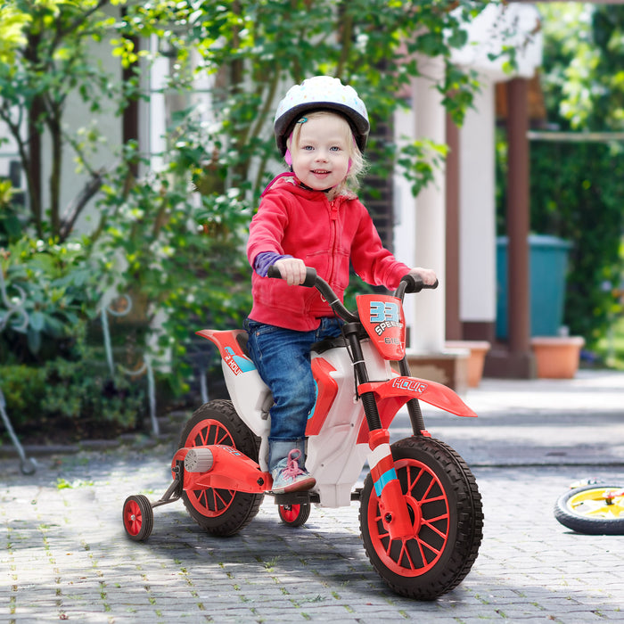 Kids 12V Electric Motorcycle Ride-On with Support Training Wheels - Durable Battery-Powered Bike for Children 3-6 Years - Safe Outdoor Play and Motor Skills Development, Red