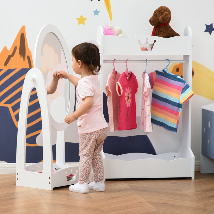 Kids Clothes Rail with 360° Rotating Full-Length Mirror - Free Standing Dress-Up Station with Hanging Rack and Storage Shelves - Perfect for Playrooms and Bedrooms