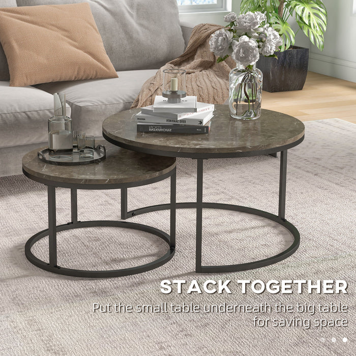 Round Industrial Nesting Coffee Tables Set - Faux Marble Top with Sturdy Steel Frame - Space-Saving Furniture for Living Rooms