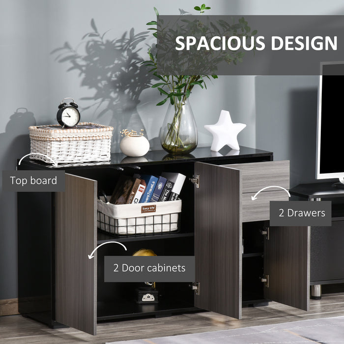 High Gloss Sideboard Storage Unit - Contemporary Push-Open Side Cabinet with 2 Drawers in Light Grey and Black - Stylish Organization for Living Room or Bedroom