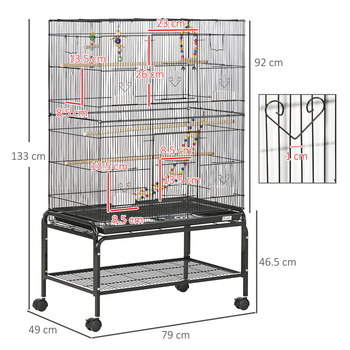 Bird Cage on Wheels with Stand and Accessories - Ideal for Canaries, Finches, Lovebirds, Parakeets - Includes Toys and Storage Shelf for Pet Convenience