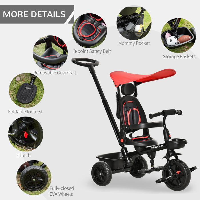 4-in-1 Foldable Baby Tricycle - Toddler Stroller with Reversible Adjustable Seat and Removable Canopy - Safe & Versatile Trike for Kids with Handrail and Belt, Red
