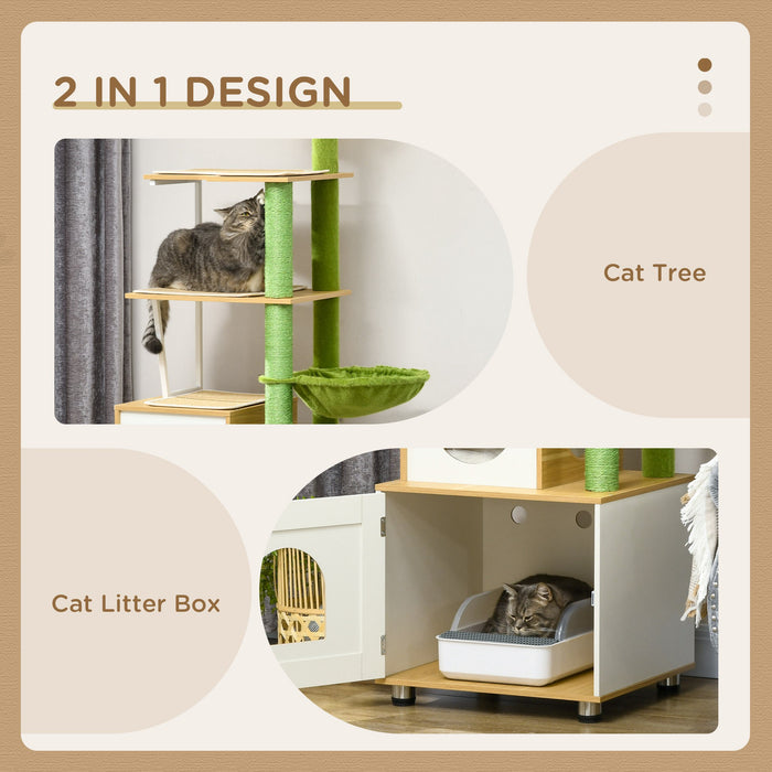 Cat Tree Litter Box Combo - Indoor Cat Enclosure with Scratching Post, Condo, Hammock & Cushioned Platforms - Ideal for Cat Relaxation and Play in Oak Finish
