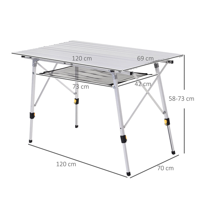 Portable 4FT Aluminum Folding Table - Picnic & Camping Table with Roll-Up Top and Mesh Rack - Ideal for Outdoor BBQs and Gatherings