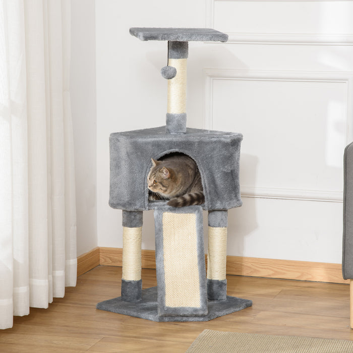 3-Tier Cat Scratching Post with Sisal Rope - Includes Hanging Play Toy, Grey - Ideal for Claw Maintenance & Playful Kittens