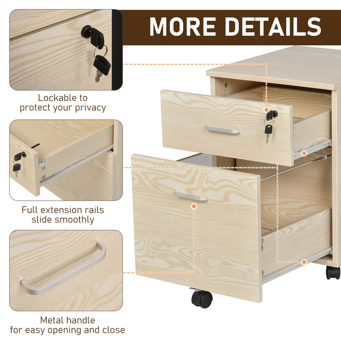 2-Drawer Locking Filing Cabinet - Rolling Storage for Legal/Letter Files with 5 Wheels, Oak Finish - Secure Office Organization and Home Cupboard Solution