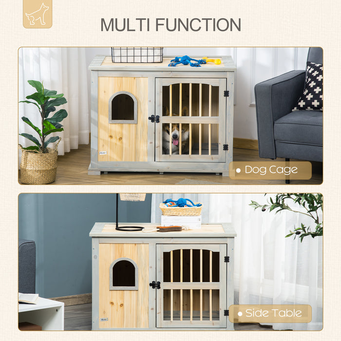 Wooden Dog Crate End Table - Lockable Door, Windowed Pet Sanctuary for Small/Medium Dogs, Dual-Tone Grey & Yellow - Stylish Pet-Friendly Furniture & Home Solution