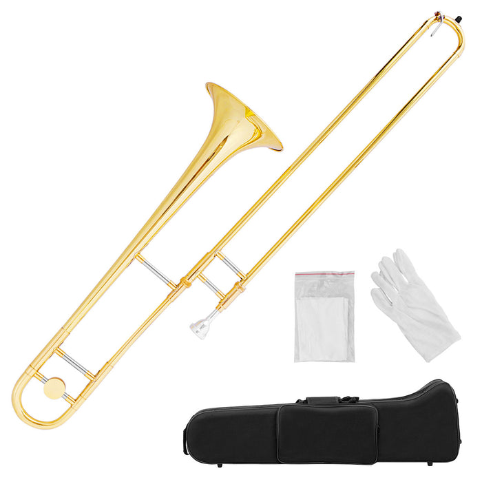 B Flat Tenor - Slide Trombone with Brass Finish and Gloves - Perfect for Enthusiastic Musicians and Sound Artists