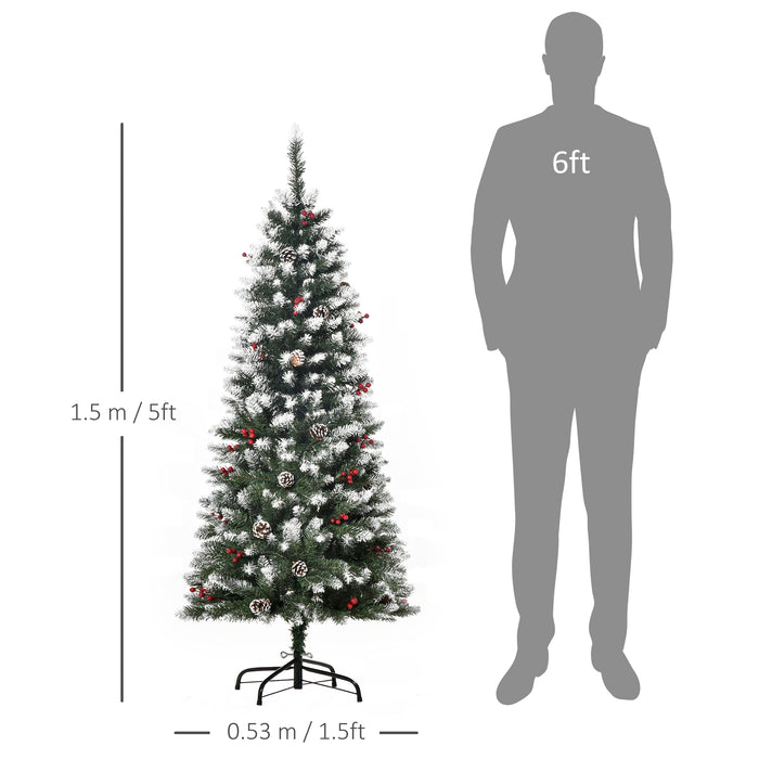 5FT Green Pencil Christmas Tree - Adorned with Red Berries and Pinecones, Foldable Base - Space-Saving Festive Decor for Home Interiors