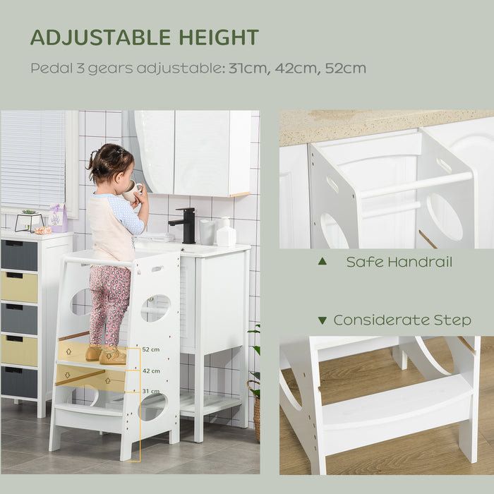 Adjustable Kids Step Stool - Toddler Kitchen Helper Tower with Standing Platform - Safe Cooking Access for Children Counter Height White
