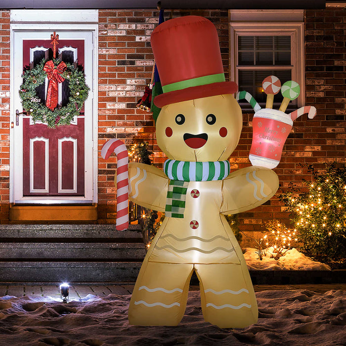 Inflatable Gingerbread Man with Candy Cane - 7.5FT Light-Up Christmas Decoration with LED Lights - Perfect for Outdoor Lawn and Party Display