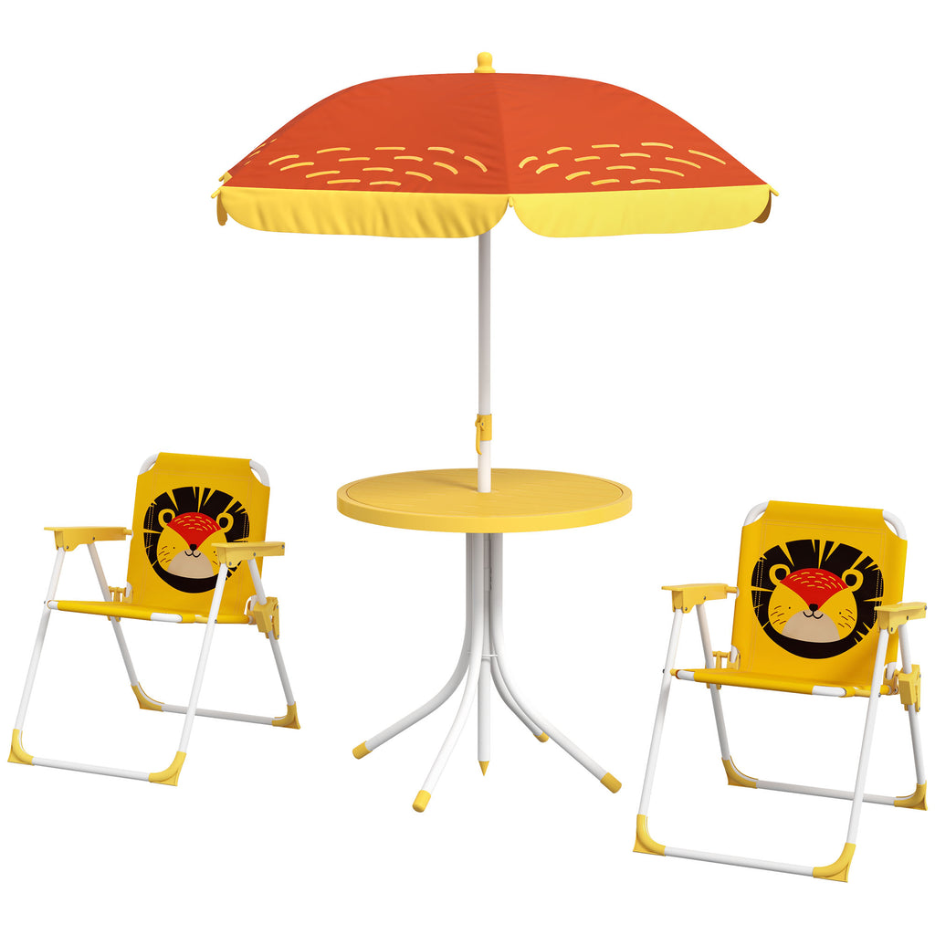 Lion-Themed Kids Picnic Table with Folding Chairs - Outdoor Children's Garden Furniture Set with Adjustable Yellow Parasol - Perfect for Playtime and Lunch Outdoors