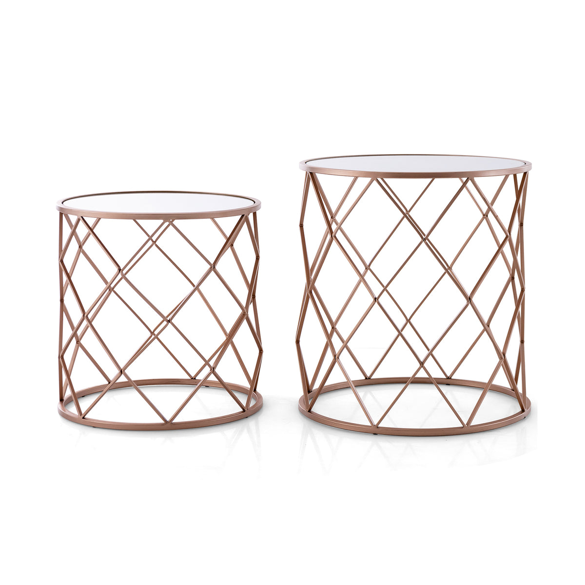 Metal Frame End Tables - Stackable, Set of 2, Mirrored Top in Rose Gold - Ideal for Maximizing Small Spaces