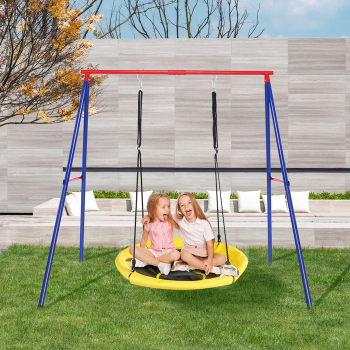 Saucer Swing Set with Metal Frame - Garden Park Outdoor Play Equipment in Blue & Yellow -Includes Ground Nails for Stability and Safety