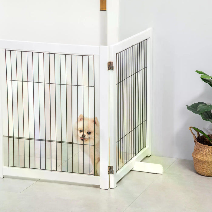 Foldable Wooden Dog Gate for Small & Medium Pets - 4 Panel Pet Fence with Support Feet - Safety Barrier for Home, Doorways & Stairs, White