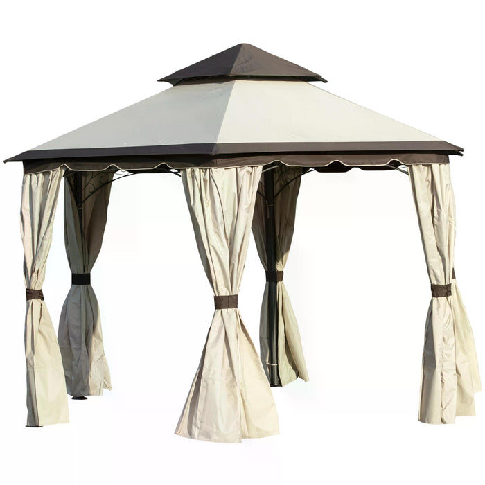 Steel Gazebo Canopy 3.4m - Garden Pavilion with 2 Tier Roof and Curtains, Beige - Ideal for Outdoor Parties and Patio Shelter