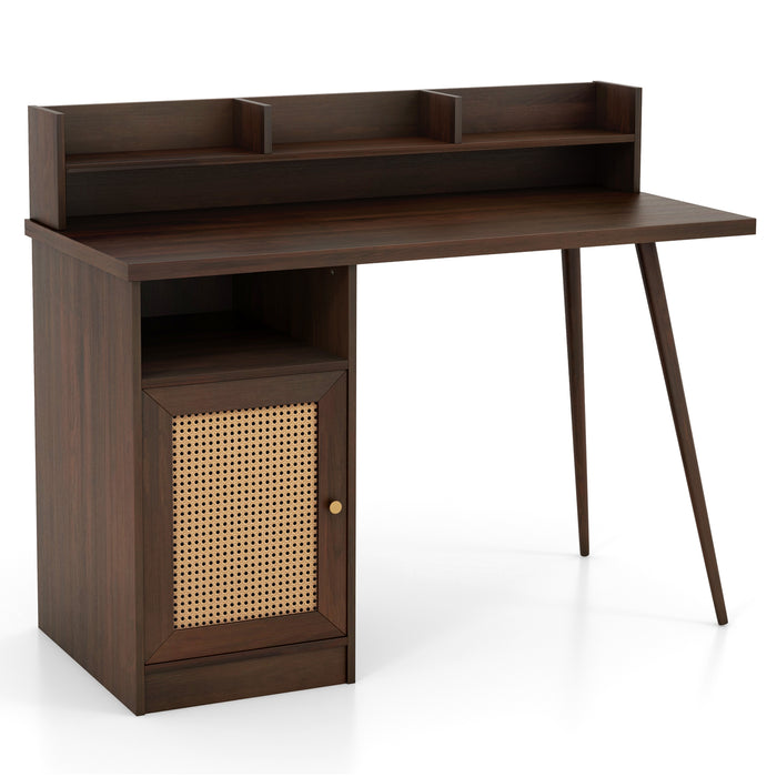 Mid Century Desk - Computer Desk with Hutch, PE Rattan Cabinet and Walnut Shelves - Ideal for Home Offices, Solving Space Management Issues