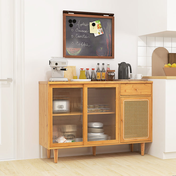 Bamboo Buffet Cabinet - Tempered Glass Sliding Doors and Drawer in Natural Finish - Perfect Storage Solution for Dining Room