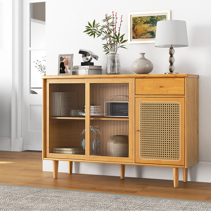 Bamboo Buffet Cabinet - Tempered Glass Sliding Doors and Drawer in Natural Finish - Perfect Storage Solution for Dining Room